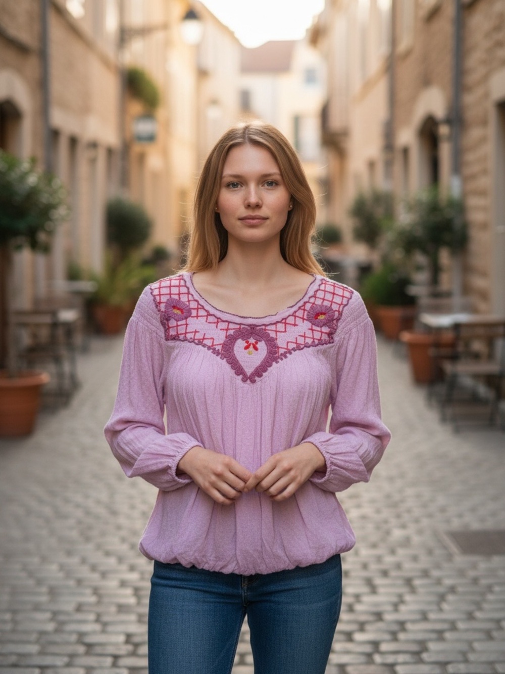 Free people top with embroidered design across the top